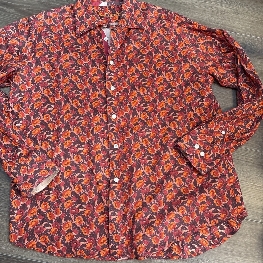 Robert Graham Red Orange Cotton Floral Print Stretch Sport Button Shirt Large L